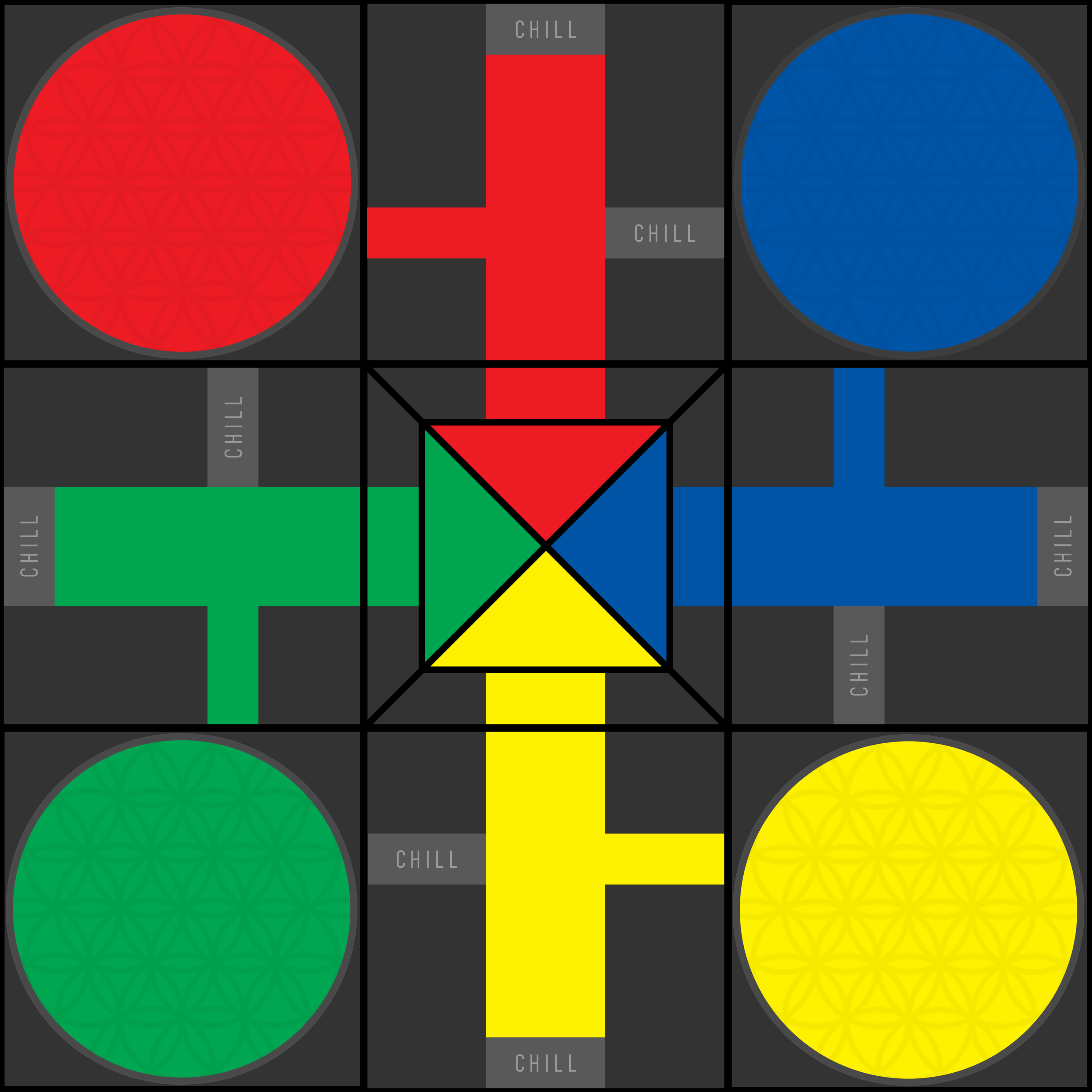The original FreeParchís board, with red, blue, green, and yellow home areas and CHILL safe squares.